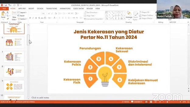 Sesi penyampaian materi sosialisasi oleh Prof. Dr. Mutimmatul Faidah, S.Ag., M.Ag., Direktur Pencegahan dan Penanggulangan Isu Strategis Kampus (PPIS) UNESA. 