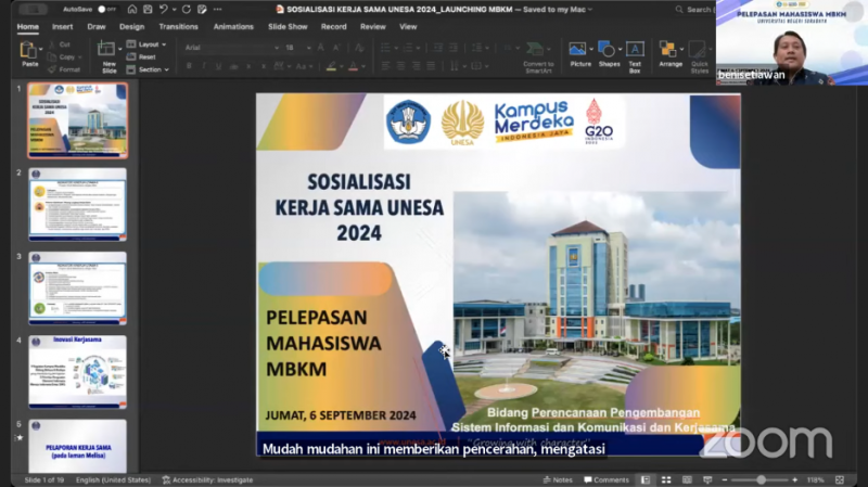 Kasubdit Kerja Sama dalam Negeri UNESA menyampaikan hal-hal yang perlu diperhatikan mahasiswa untuk membangun kemitraan dengan mitra baik melalui MoU, MoA, dan lainnya.